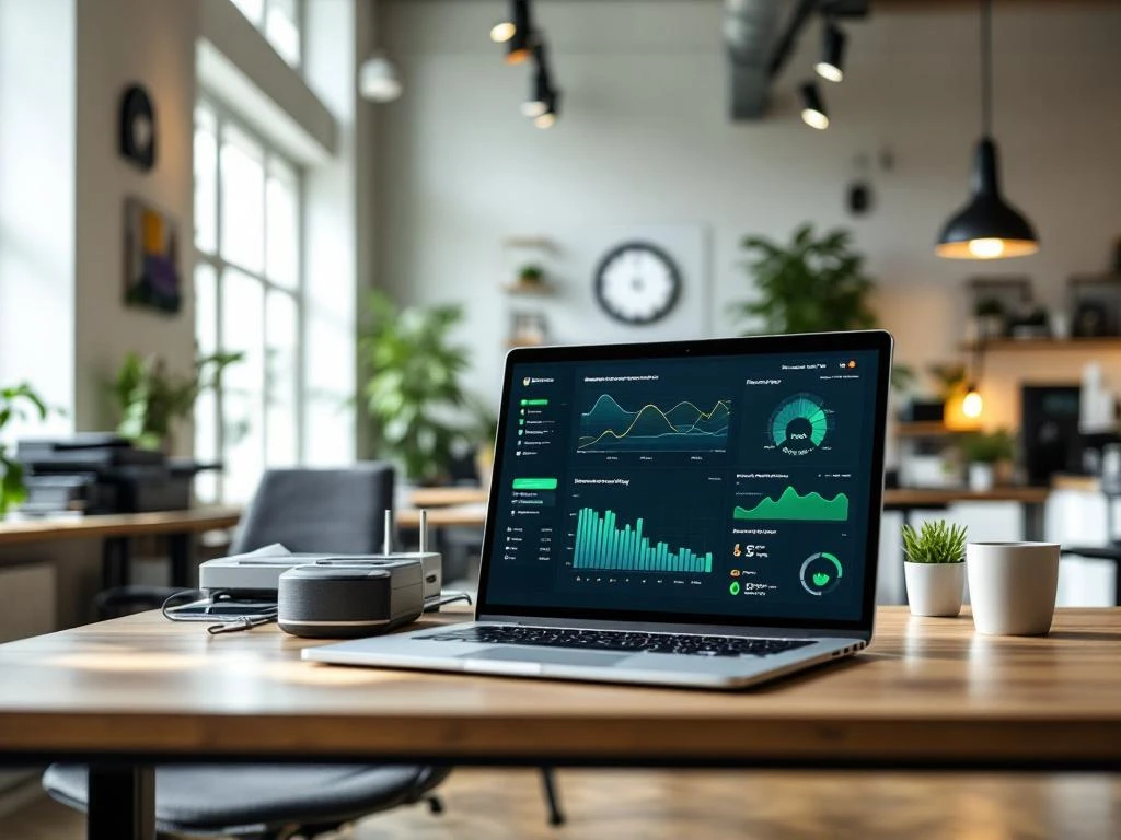 Open kantoorruimte met een laptop die het energieverbruik-monitoring dashboard van Energy Check weergeeft.