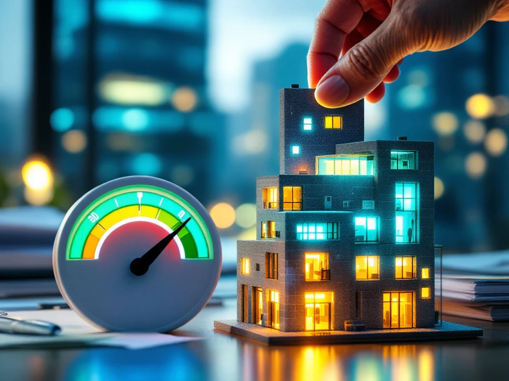 Een hand plaatst een blok op een schaalmodel van een energiezuinig commercieel gebouw naast een energie-efficiëntiemeter, wat naleving van verlichtingstandaarden symboliseert.