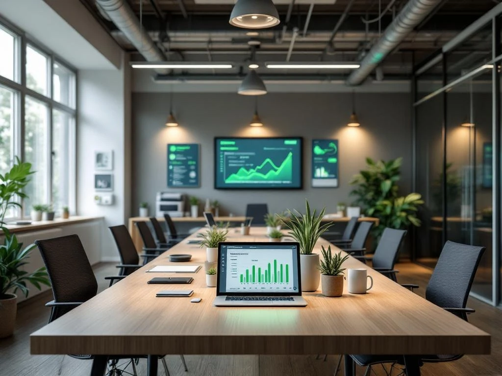 Modern, duurzaam kantoor ingericht met energie-efficiëntie tools, inclusief een dashboard op een laptop en groene planten voor een milieuvriendelijke werkplek.