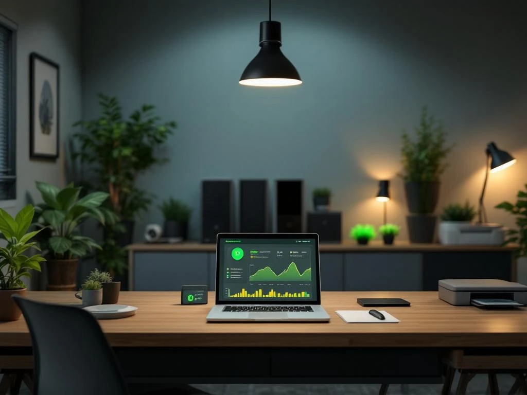 Moderne, energiezuinige werkplek met Energy Check-dashboard op een laptop, omgeven door kamerplanten en stijlvolle verlichting.