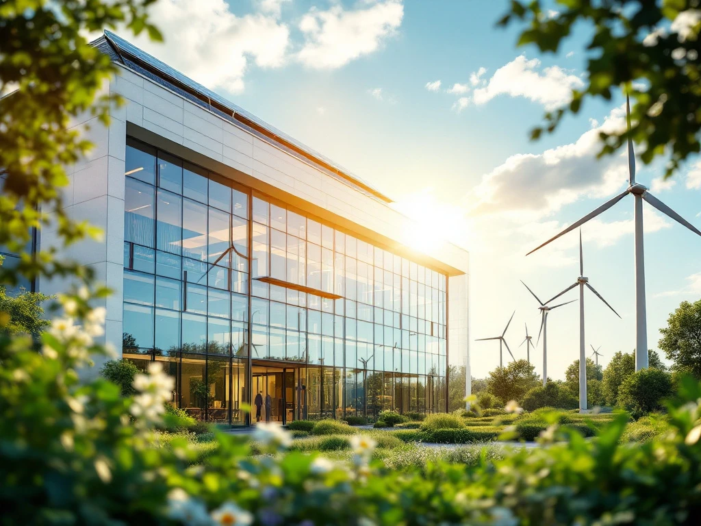 Een energiezuinig kantoor van Energy Check met zonnepanelen op het dak, omringd door windmolens onder een zonnige hemel.