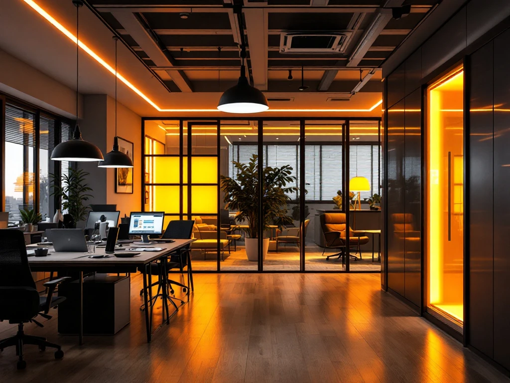 Moderne energiezuinige kantoorruimte van Energy Check met LED-verlichting, zonnepanelenmonitoring en stijlvolle inrichting.