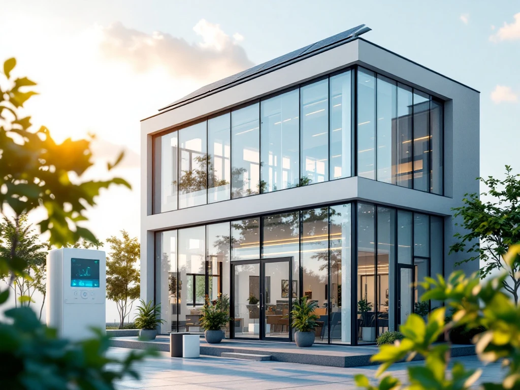 Modern energiezuinig kantoor van Energy Check met zonnepanelen op het dak en veel glaspartijen.