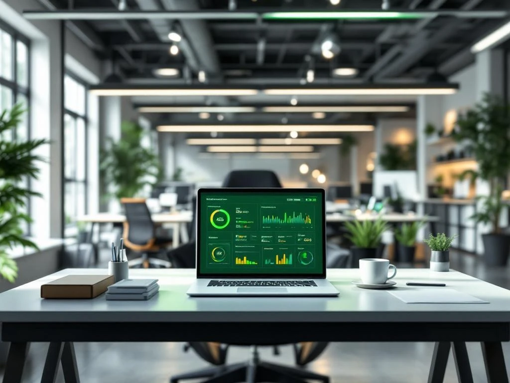 Open kantoorruimte met een bureau waar een laptop een duurzaamheidsdashboard van Energy Check toont.