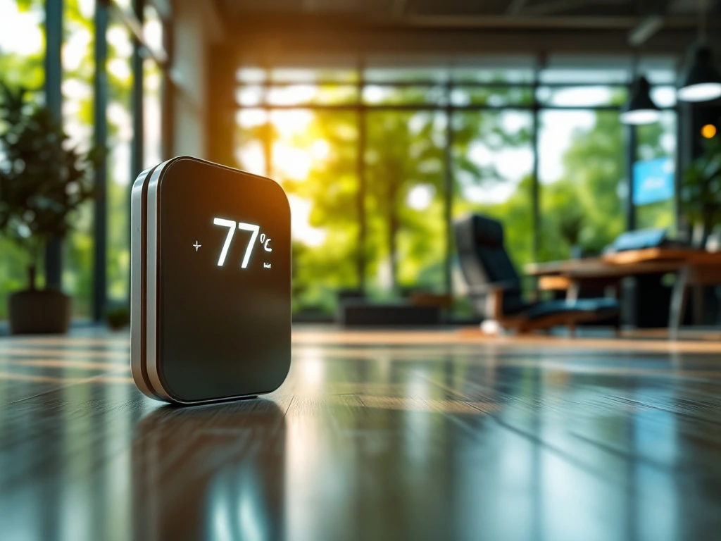 Een moderne thermostaat die 77 graden aangeeft, geplaatst in een energiezuinig en duurzaam ontworpen Nederlands kantoor bij Energy Check.