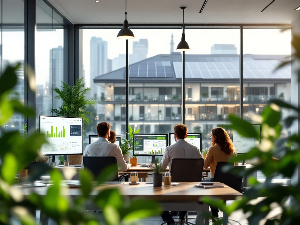 Medewerkers van Energy Check werken in een modern, energiezuinig kantoor met uitzicht op een duurzaam gebouw met zonnepanelen in Nederland.