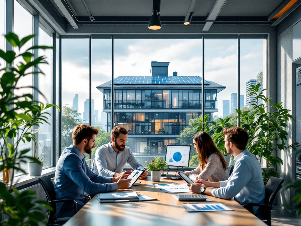 Medewerkers van Energy Check bespreken duurzaamheid in een energiezuinig kantoor met zonnepanelen zichtbaar buiten.