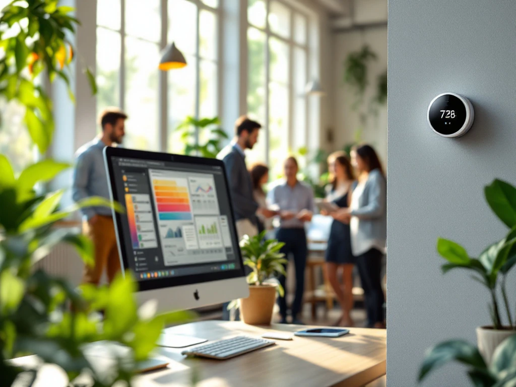 Een energiezuinige kantooromgeving van Energy Check met een slimme thermostaat en een bureau met een computerscherm dat energiedata toont, omringd door planten en medewerkers op de achtergrond.