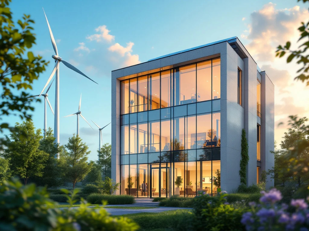 Modern energiezuinig kantoorgebouw met grote ramen, omgeven door windturbines in een groene, duurzame stadsomgeving.