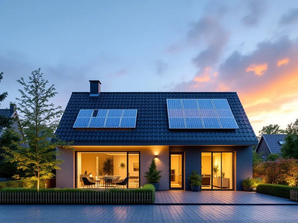 Energiezuinig rijtjeshuis met zonnepanelen op het dak, bij zonsondergang, voor Energy Check.