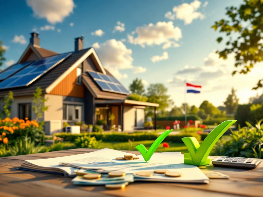 Energiezuinig huis met zonnepanelen en isolatie, gefotografeerd in een groene tuin met de Nederlandse vlag, geassocieerd met subsidies en energie-efficiëntie.