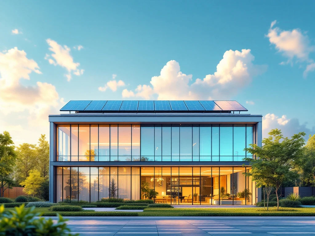 Moderne, energiezuinige kantooromgeving van Energy Check met zonnepanelen op het dak en grote glazen gevels.