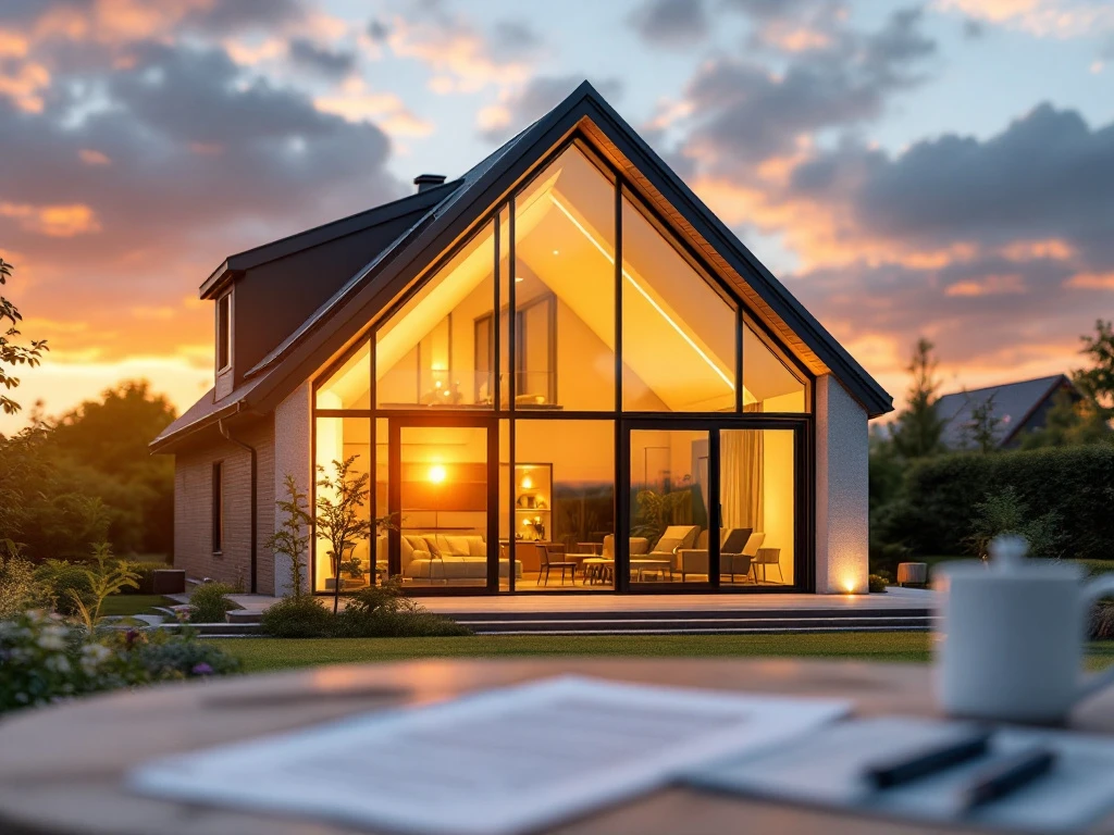 Moderne energiezuinige woning met grote glazen gevel, zonnepanelendak en warmtepomp, bij zonsondergang gezien van buiten.