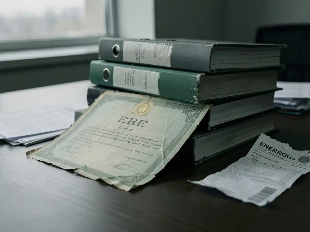 Verouderd ERE-certificaat half begraven onder stapel regelgevingsmappen op kantoorbureau, verfrommelde energierekening ernaast.