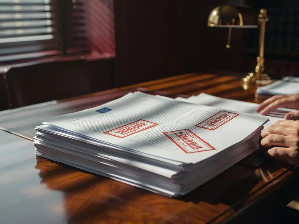 Een stapel documenten op een bureau met stempels van non-compliance met EU-regelgeving in een kantooromgeving.