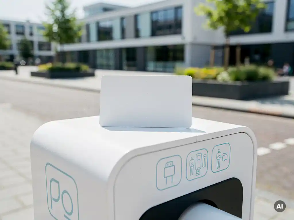 Witte EV-laadpas op een openbaar laadstation in een Nederlandse stedelijke omgeving met zachte groene achtergrond.