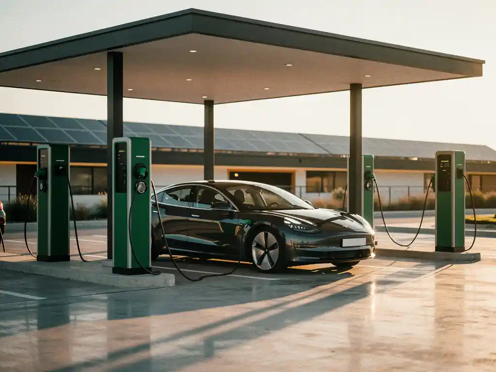 Luxe EV-laadstations onder een overkapping op een hotelparking, met een sedan aangesloten bij zonsondergang en zonnepanelen op het dak.