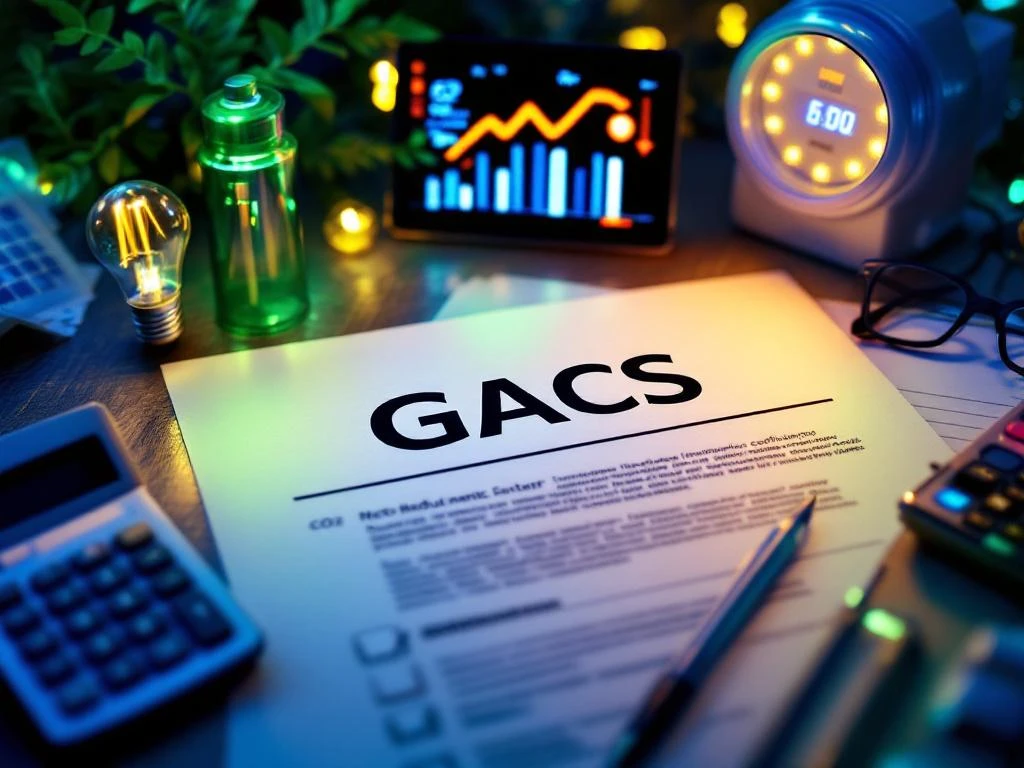 Een document met de titel "GACS" ligt op een bureau, omringd door een rekenmachine, een gloeilamp, een bril en een tablet die gegevens visualiseert, passend bij de energieregulering en compliance in Nederland.