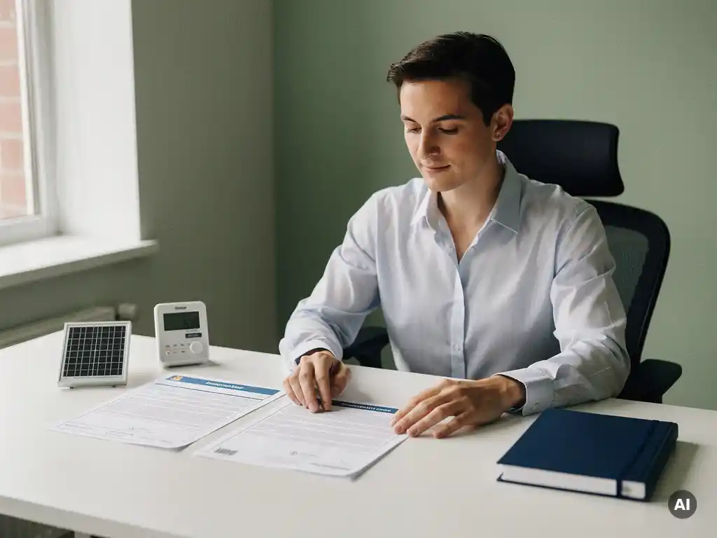 Gecertificeerd energie-adviseur bestudeert nalevingsdocumenten aan modern bureau met zonnepaneel model en energiemeter.