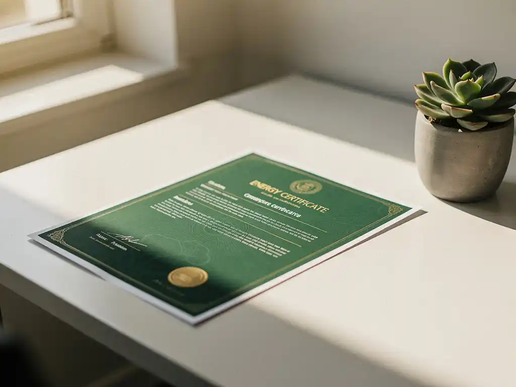 Groen energiecertificaat op modern bureau naast kleine vetplant, verlicht door zacht natuurlijk daglicht.