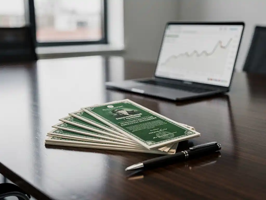 Stapel groene energiecertificaten uitgewaaierd op een vergadertafel met een pen ernaast en een laptop met prijsgrafiek op de achtergrond.