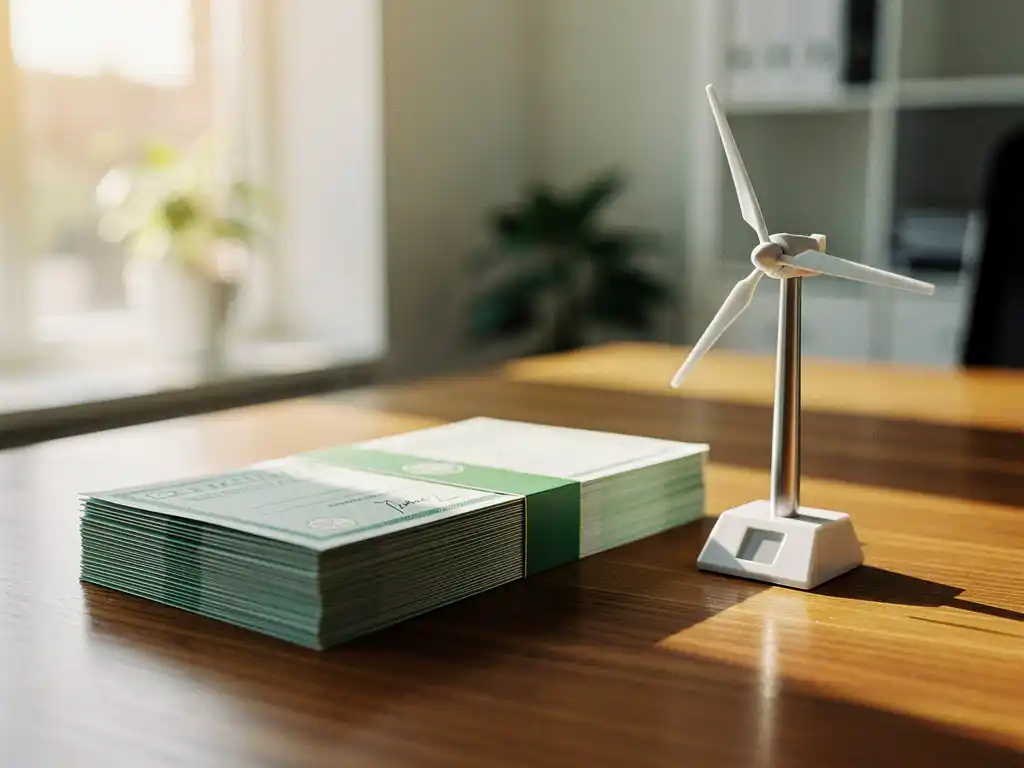Stapel groene energiecertificaten op eikenhouten bureau naast miniatuur windturbine, warm middaglicht in professioneel kantoor.