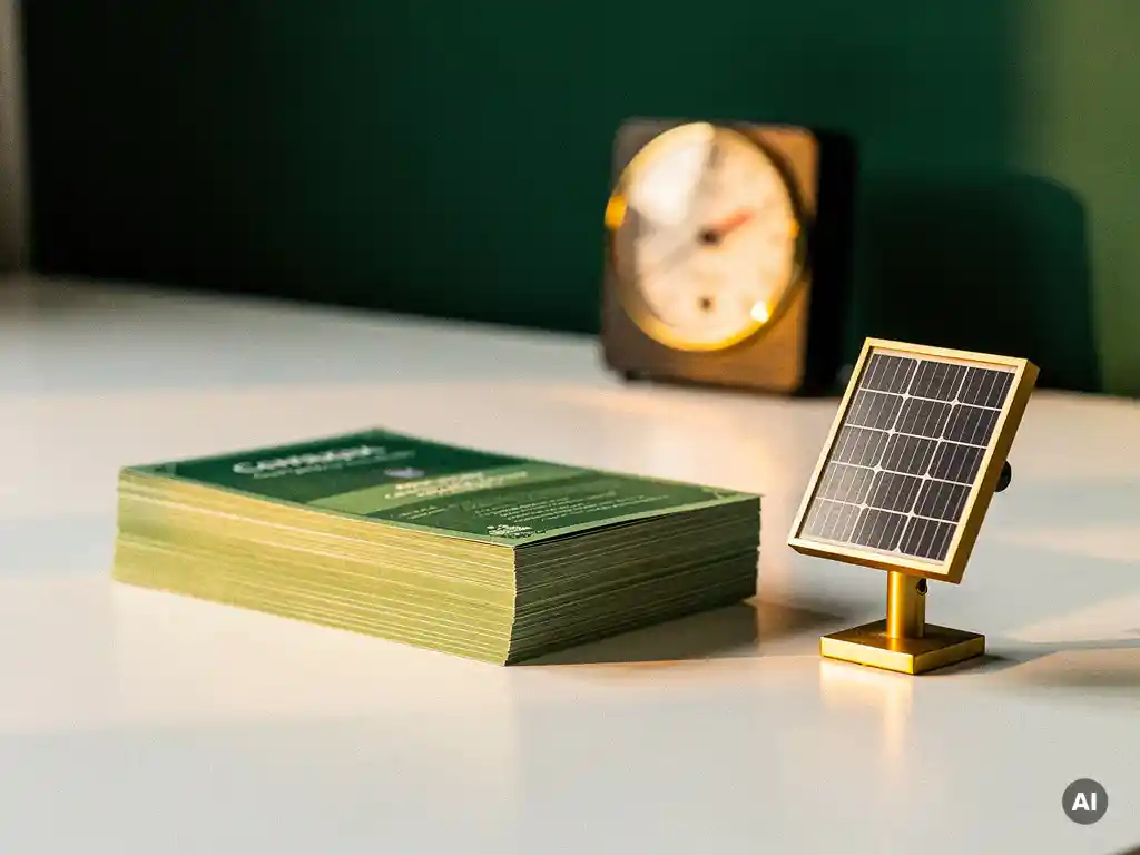 Stapel groene energiecertificaten op kantoorbureau naast miniatuur zonnepaneel, warm goudkleurig licht, energiemeter op achtergrond.