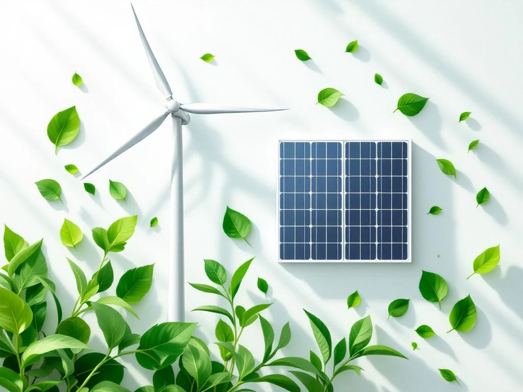 Afbeelding van een windmolen en zonnepanelen omgeven door groene bladeren, symbool voor hernieuwbare energie en duurzaamheid, passend bij Energy Check.