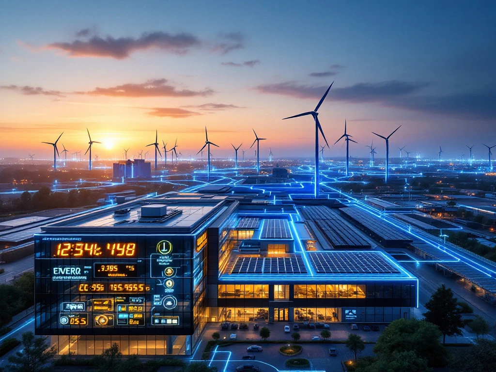 Een industrieel complex van Energy Check met zonne-energiepanelen en windturbines bij zonsondergang, verbonden door een energienetwerk.