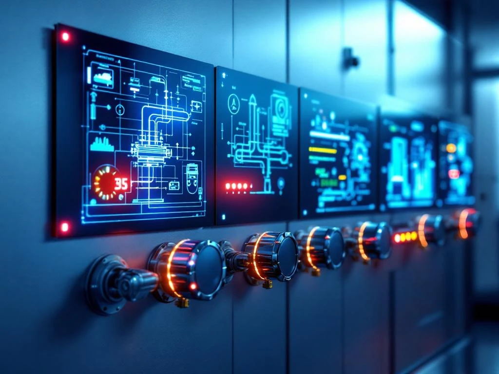 Industrieel controlepaneel voor monitoring van een gasleiding, met digitale schermen en verlichte knoppen, afgebeeld in een moderne technische omgeving.
