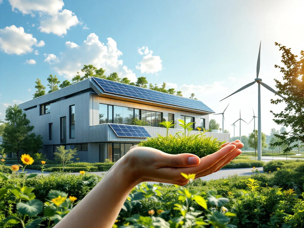 Een modern, duurzaam bedrijfspand met zonnepanelen en windmolens op de achtergrond, waarbij een hand een miniatuur landschap van gras en planten vasthoudt als symbool voor financiële groei in duurzame energie, onderwerp bij Energy Check.