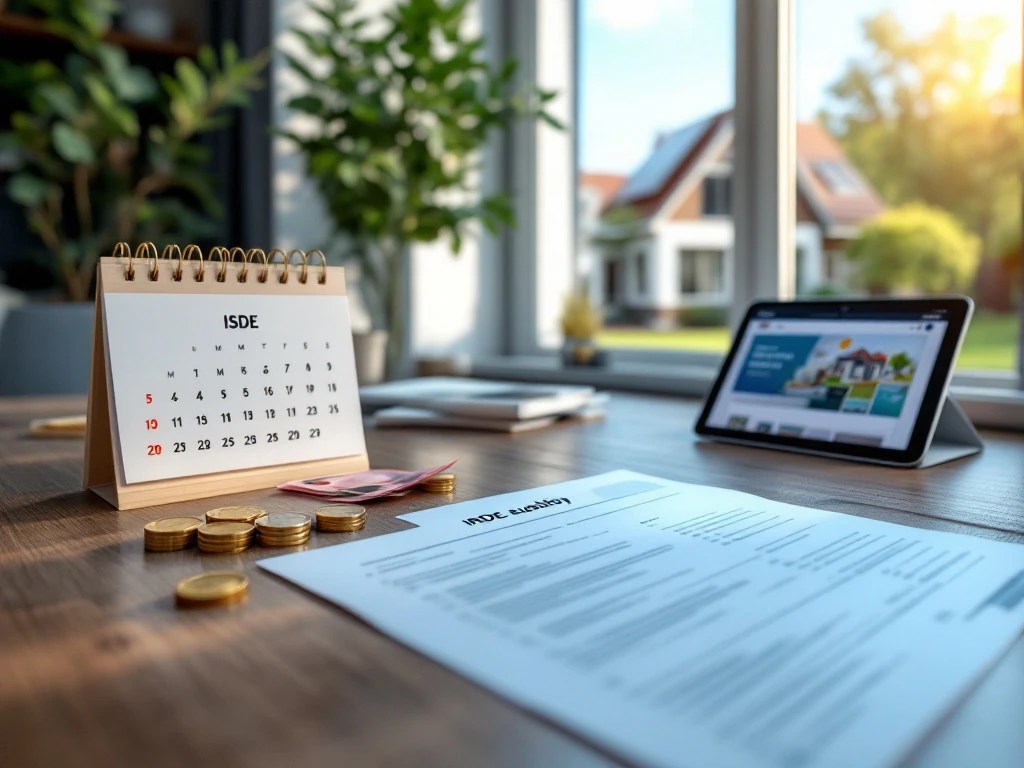 Een bureau met een kalender, munten, een ISDE-subsidieformulier en een tablet met de Energy Check-website, allemaal met uitzicht op een moderne woning.