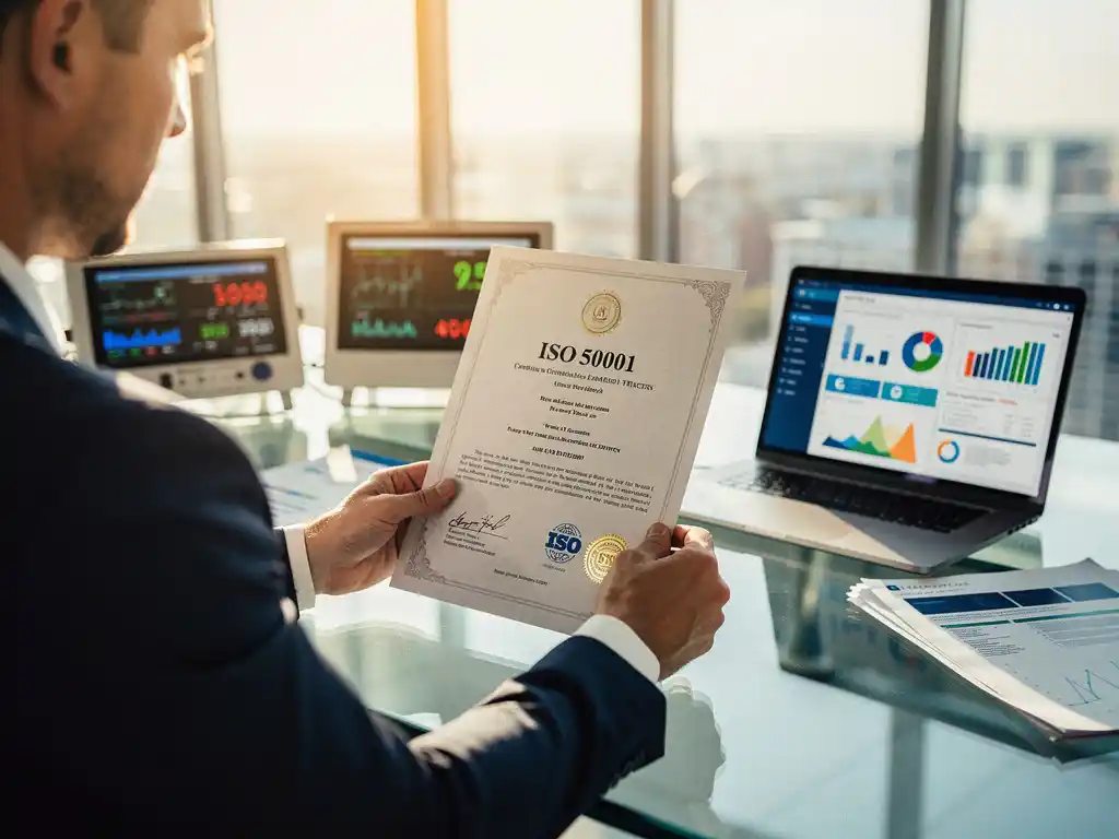 Een energieconsultant van Energy Check bekijkt een ISO 50001-certificaat op een modern kantoor met gegevensschermen op de achtergrond.