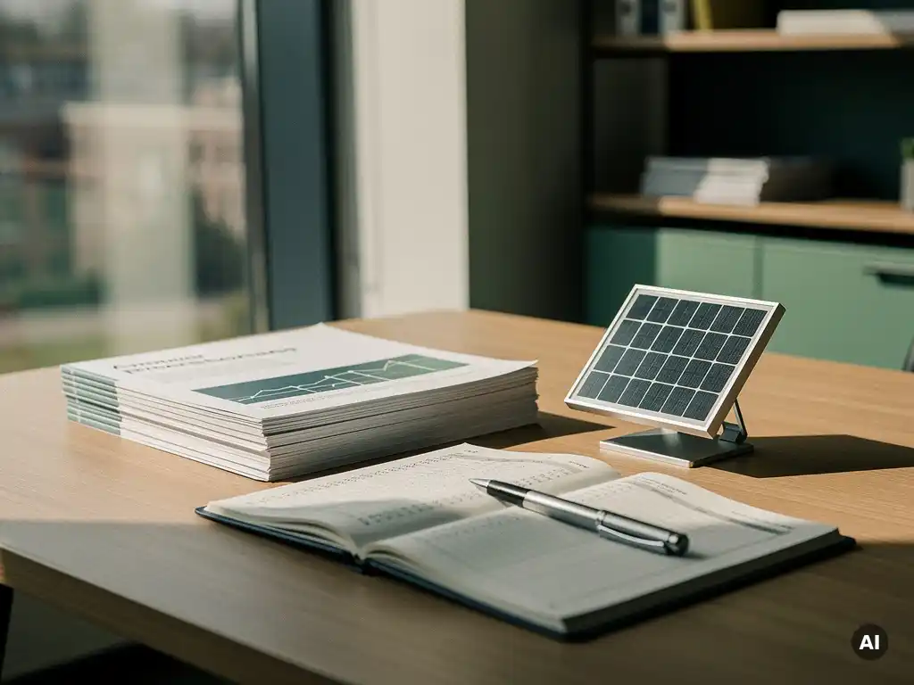 Accountantsbureau met jaarlijks financieel rapport, miniatuur zonnepaneel en opengeslagen kasboek met energieproductiecijfers in warm natuurlijk licht.