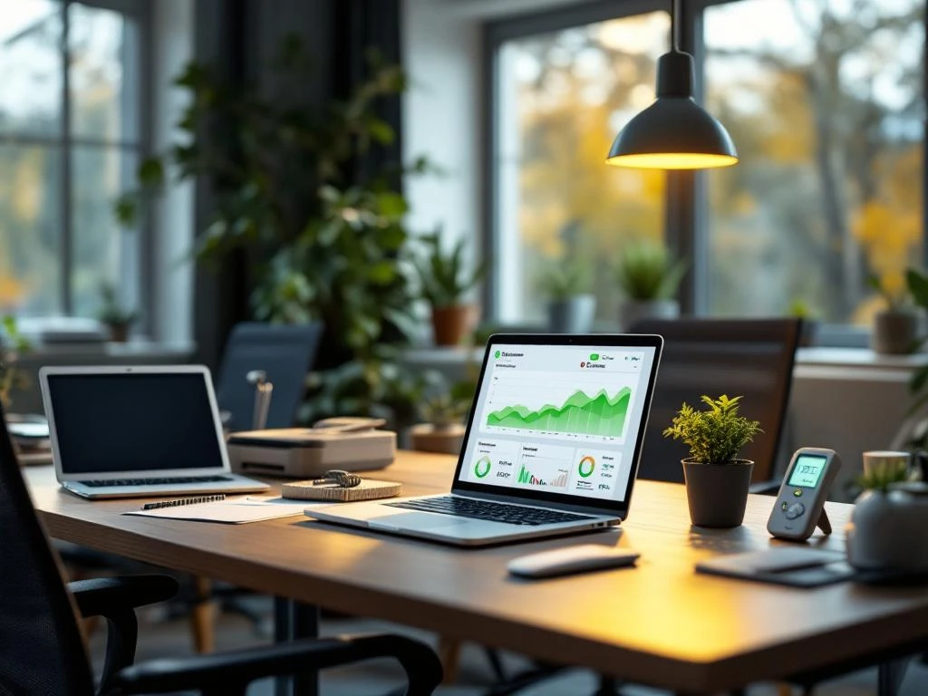 Een moderne kantoorruimte met een laptop die een energiebesparingsdashboard van Energy Check toont, naast een thermostaat en kamerplanten.