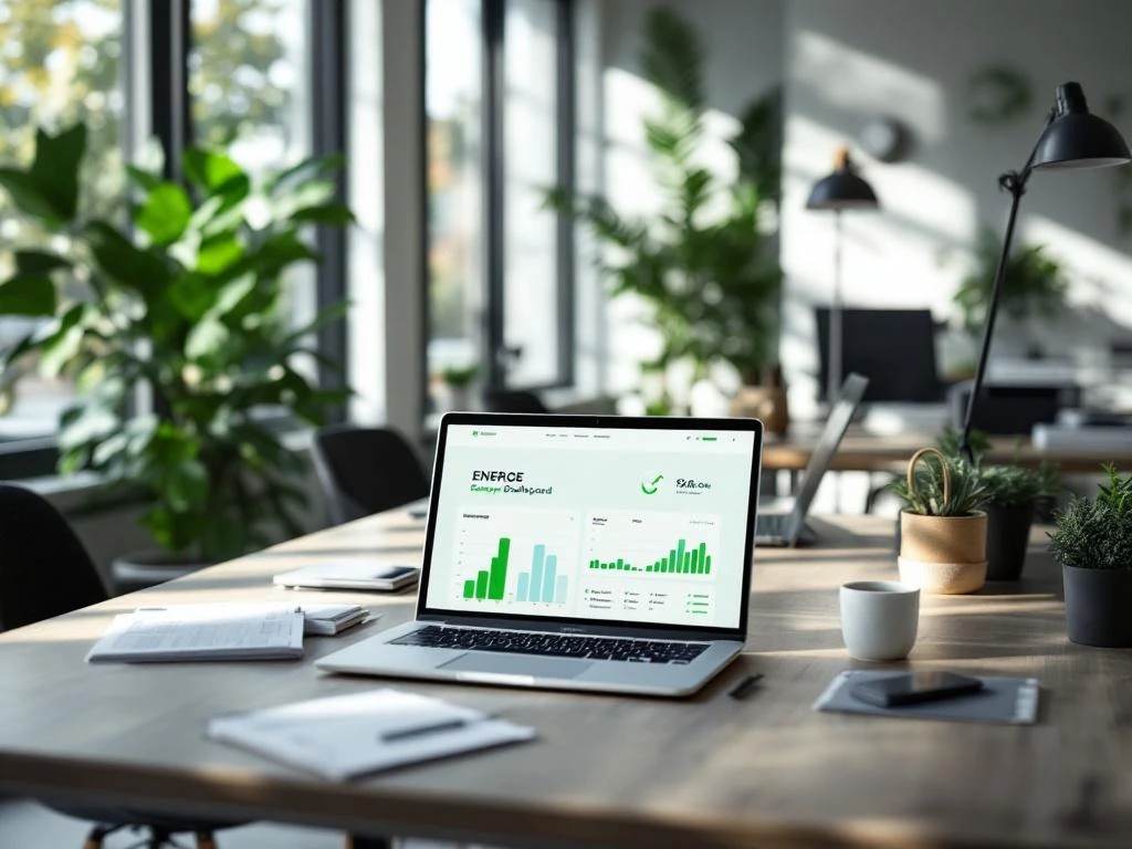 Een kantoorruimte met een open laptop die het Energy Check-energiemonitoring-dashboard toont, omgeven door planten voor een duurzame werkplek.