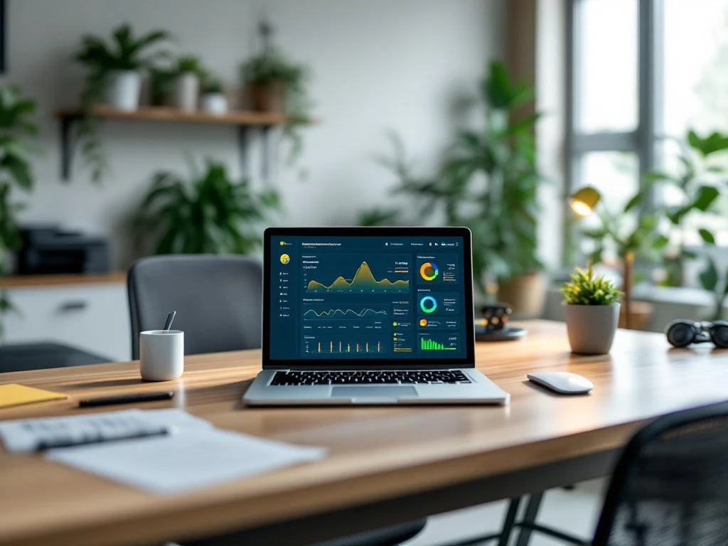 Laptop met een energiemonitoring-dashboard in een moderne, duurzame kantooromgeving met planten op de achtergrond voor Energy Check.