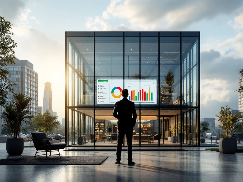 Een persoon staat voor een modern, glazen kantoorgebouw van Energy Check, met een dashboard over energiebesparing en duurzaamheid zichtbaar binnen.