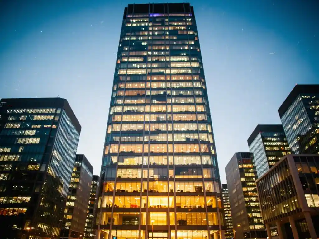 Hoog kantoorgebouw met glazen gevels van een bedrijfscomplex verlicht in de avondschemering.