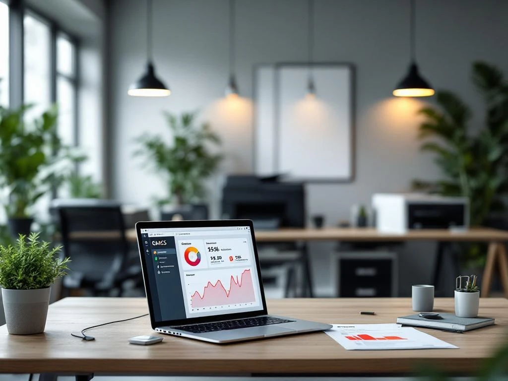 Een moderne kantoorruimte met een laptop die energie-monitoringsoftware van GACS toont, omringd door planten en kantoormeubilair, als voorbeeld van duurzame praktijk.