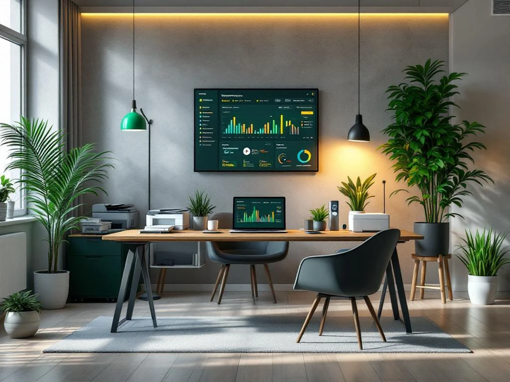 Moderne kantoorruimte bij Energy Check met energiedashboard op een scherm en laptop voor het monitoren van slimme meters, omringd door planten en stijlvolle meubels.
