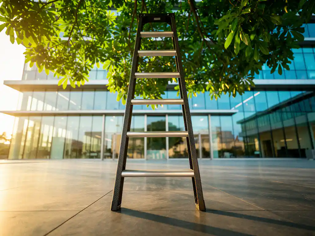 Een koolstofvezel ladder staat onder groene bladeren voor een modern kantoorgebouw met glazen façade.