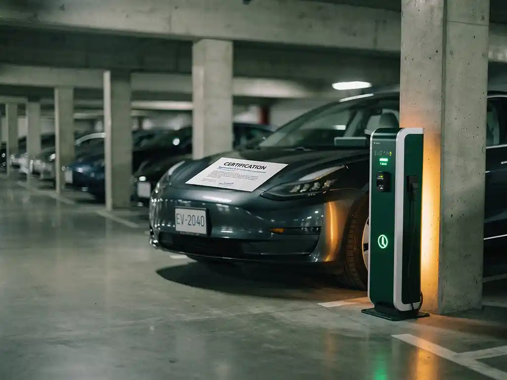 Ondergrondse parkeergarage met betonnen pilaren, elektrisch laadstation met groene indicatielampjes en certificeringsdocument op motorkap.