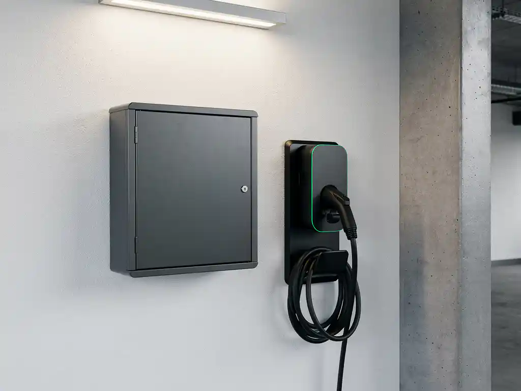 Moderne elektrische meterkast op witte muur naast een professioneel EV-laadstation met opgerold zwart laadkabel.
