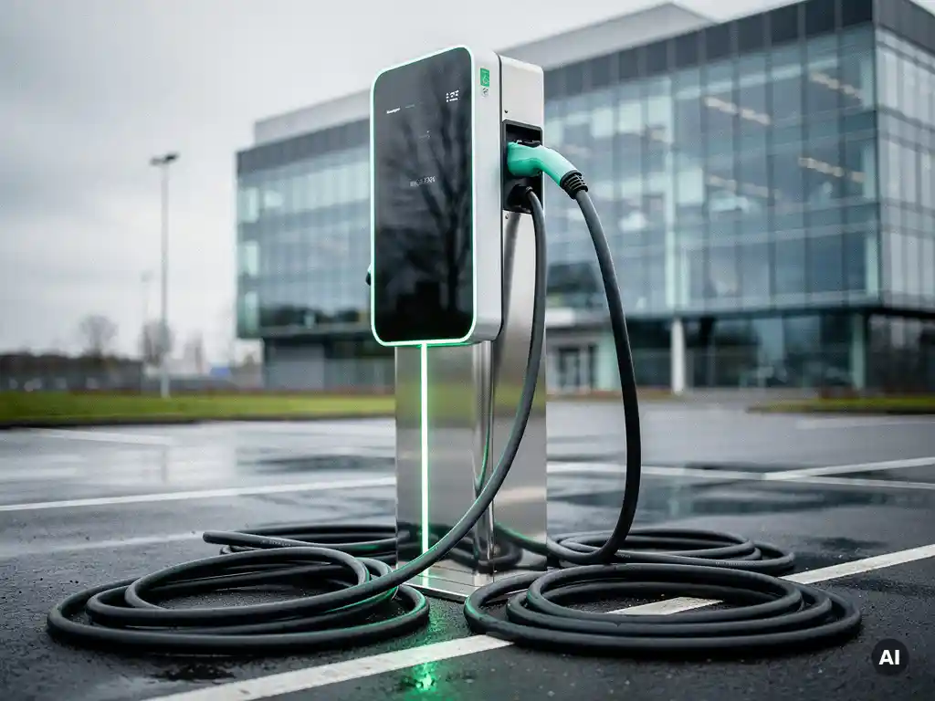 Commercieel EV-laadstation op bedrijfsparkeerplaats met geordende laadkabels, kantoorgebouw weerspiegeld in glanzend oppervlak, bewolkte Nederlandse lucht.