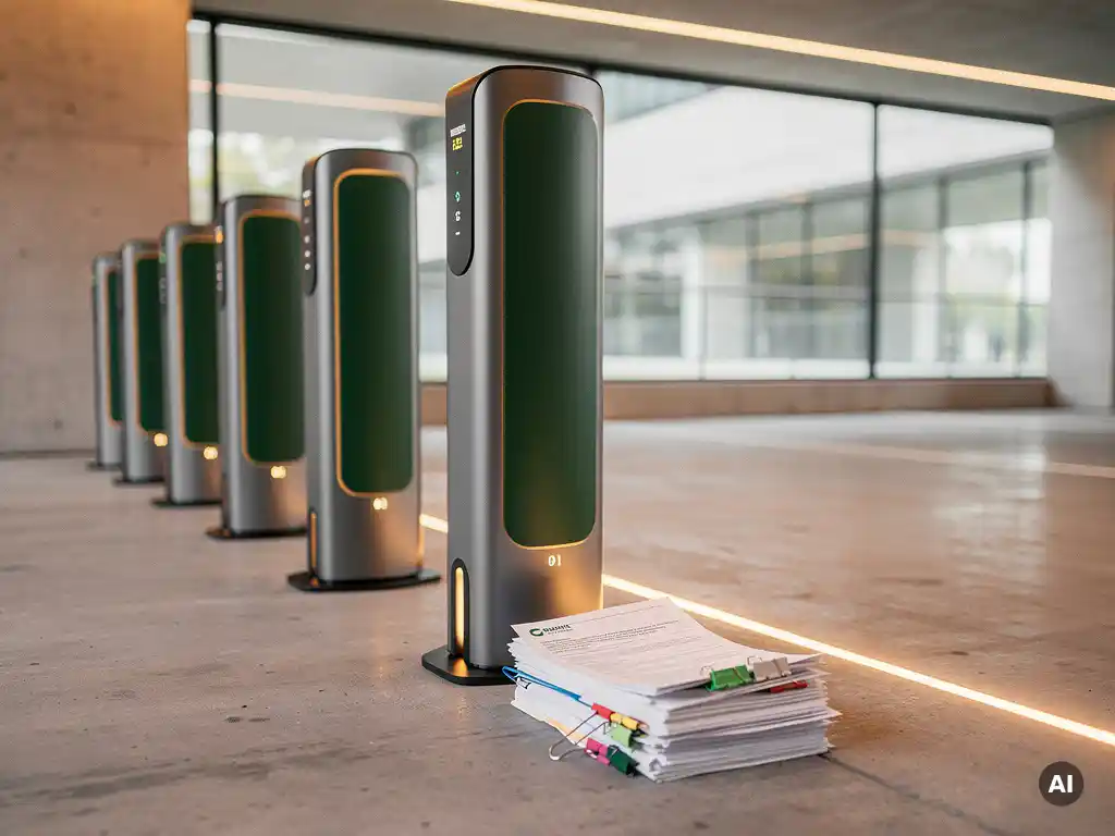 Elektrische laadpalen in moderne bedrijfsparkeergelegenheid met officiële subsidiedocumenten aan de basis, warm amberkleurig licht.