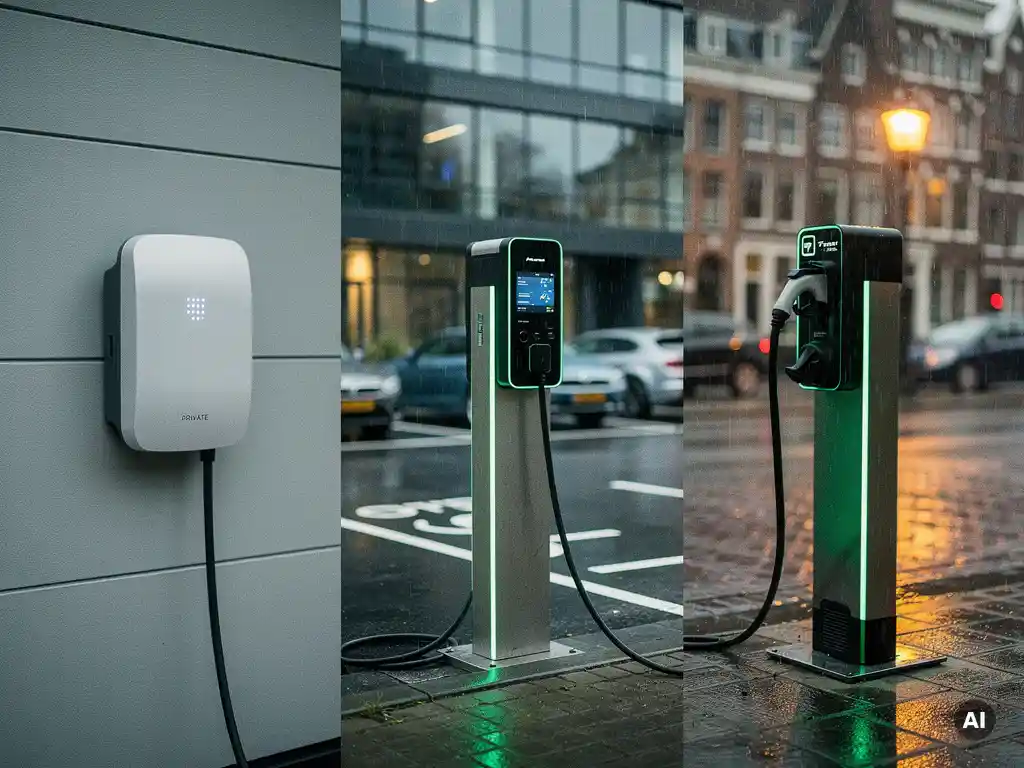 Drie soorten EV-laadpalen naast elkaar: privé wallbox in garage, zakelijke lader op parkeerterrein en publieke snellader op natte Nederlandse straat.