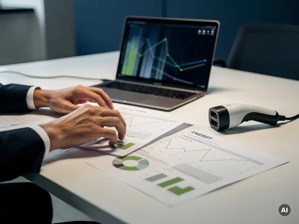 Handen van een professional die energiedata-uitdraaien ordent naast laptop met laadpaalgebruiksdata en een EV-laadconnector op kantoorbureau.