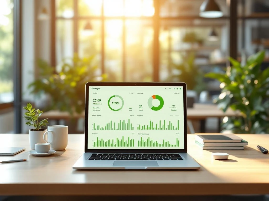 Een laptop op een bureau in een modern kantoor toont het energiedashboard van Energy Check, omringd door planten en bureaubenodigdheden, met zonlicht dat binnenvalt.