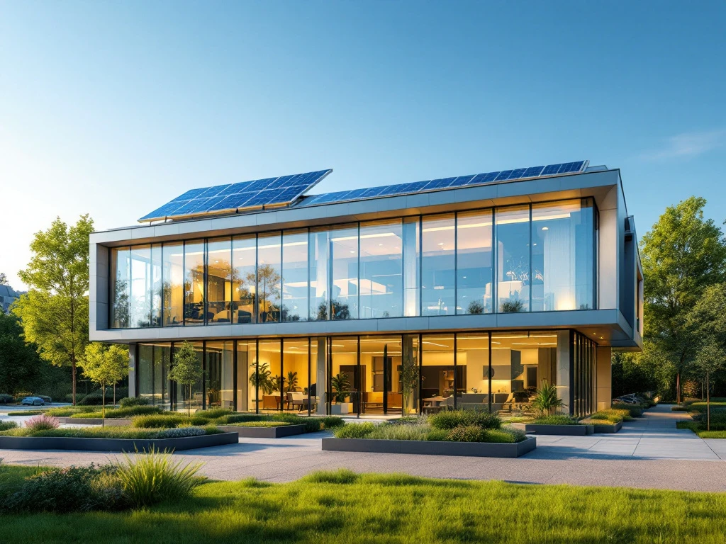 Modern, energiezuinig kantoorgebouw in Nederland met zonnepanelen op het dak.